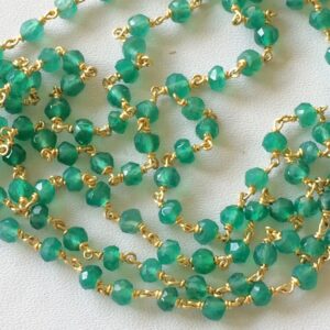 3mm  Green Onyx Faceted Rondelle Bead in 925 Silver Gold Polish Wire Wrapped Rosary Chain Green Onyx Beaded  Chain ( 1Foot - 5Feet Option)