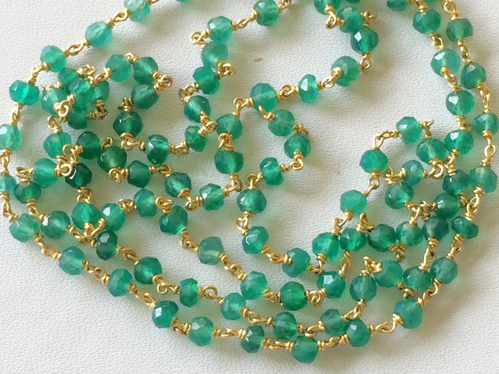 3mm  Green Onyx Faceted Rondelle Bead In 925 Silver Gold Polish Wire Wrapped Rosary Chain Green Onyx Beaded  Chain ( 1foot - 5feet Option)