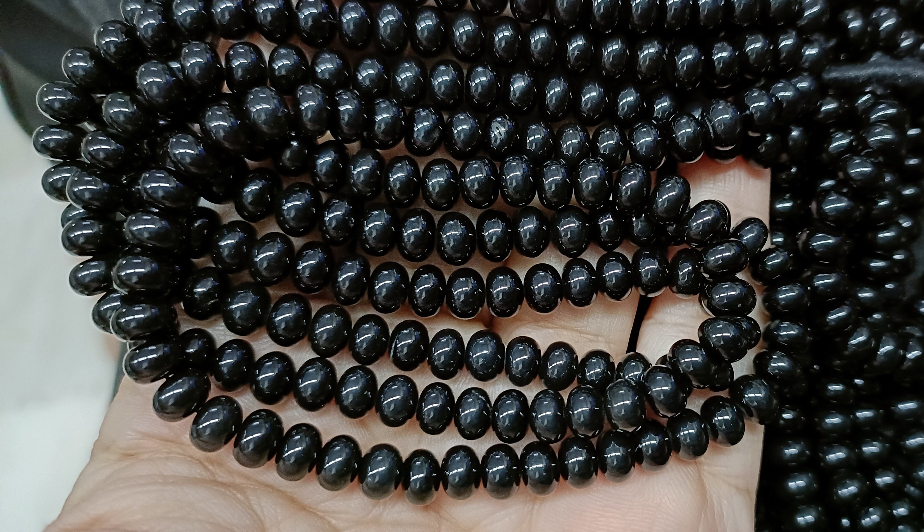 8 Inches Strand, Natural Black Onyx Smooth Rondelles Shape Beads, Size- 5-5.5mm Approx