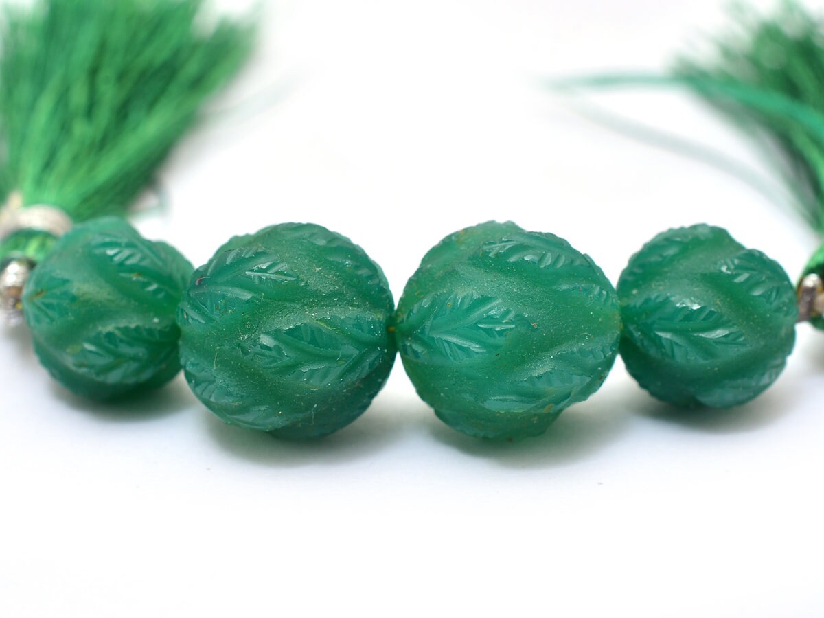 Aaa Green Onyx 12mm-14mm Gemstone Carving Frosted Beads | 4 Beads Strand | Green Onyx Semi Precious Round Gemstone Carving Beads For Jewelry