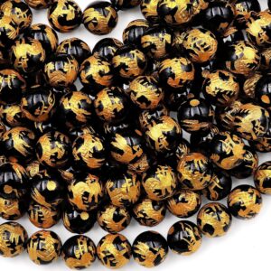 Natural Black Onyx Hand Carved Gold Dragon 8mm 10mm 12mm 20mm Round Gemstone Beads Select From 5 Pcs, 10 Pcs