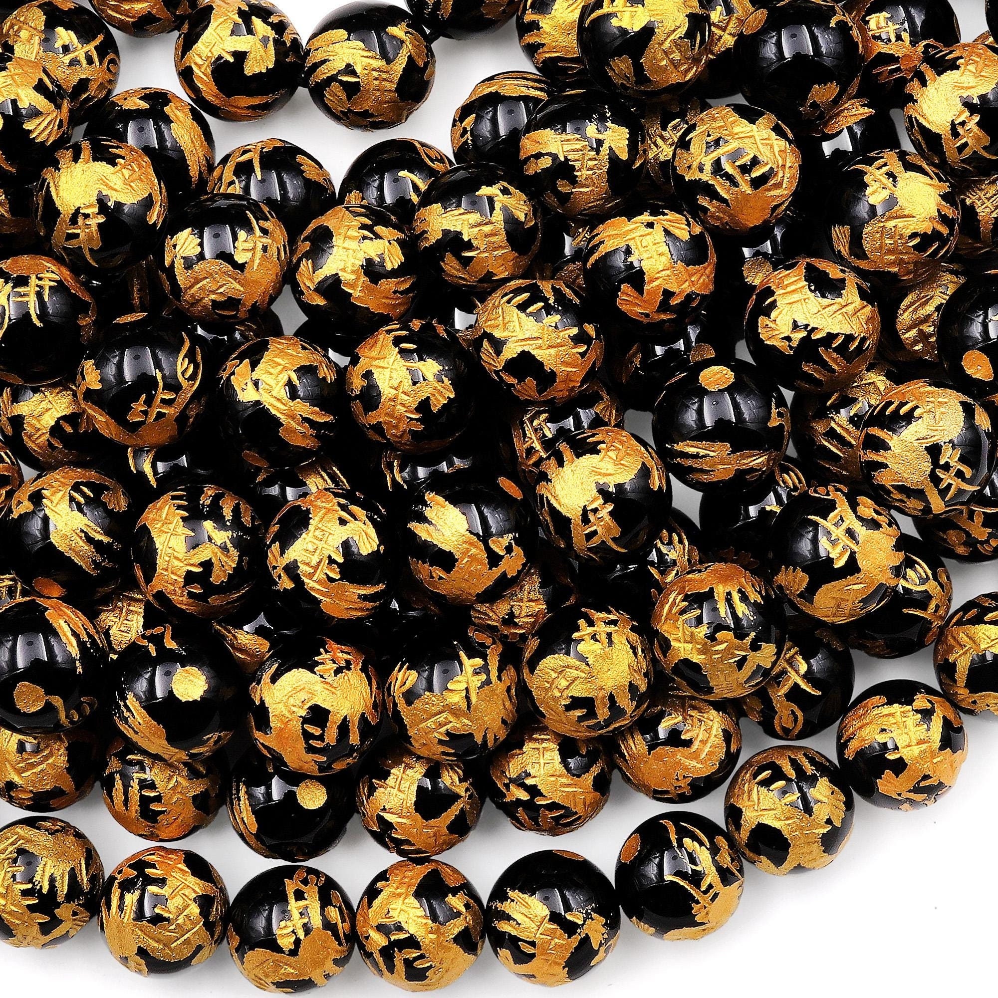 Natural Black Onyx Hand Carved Gold Dragon 8mm 10mm 12mm 20mm Round Gemstone Beads Select From 5 Pcs, 10 Pcs
