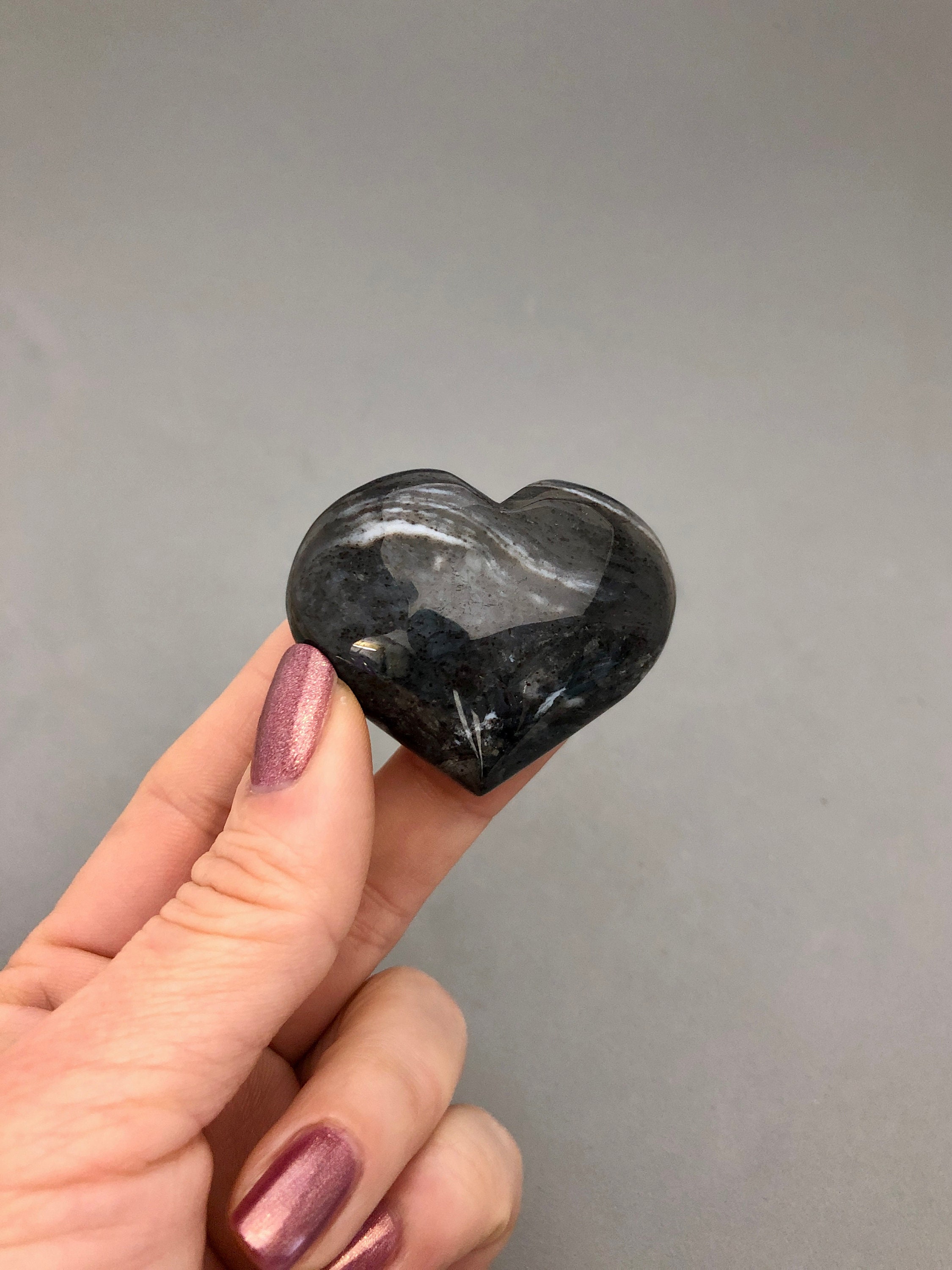 Black Onyx Heart Carving (1 15/16") For Grounding, Empath Protection, Grief, Mercury Retrograde, Strength, Stamina, Pocket Stone Heart