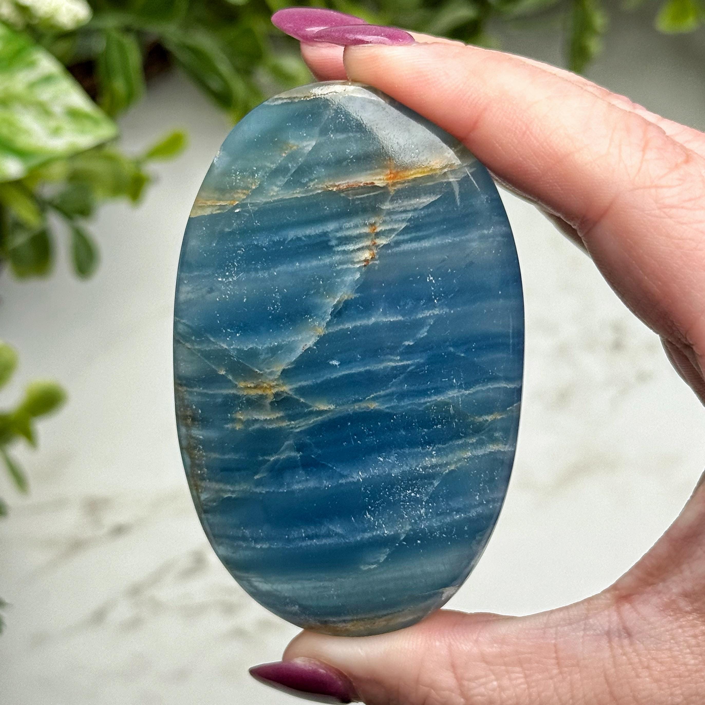 Blue Onyx Palmstone , 77g , - #1 (polished Crystal Pocket Stone, Throat Chakra, Peace)