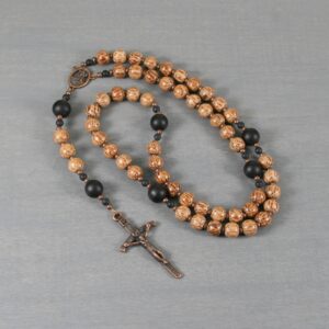 Catholic rosary in coconut palm wood, matte black onyx, and antiqued copper