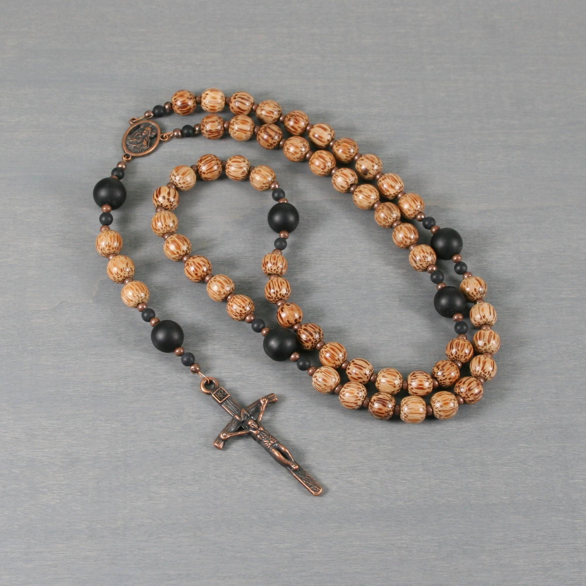 Catholic Rosary In Coconut Palm Wood, Matte Black Onyx, And Antiqued Copper