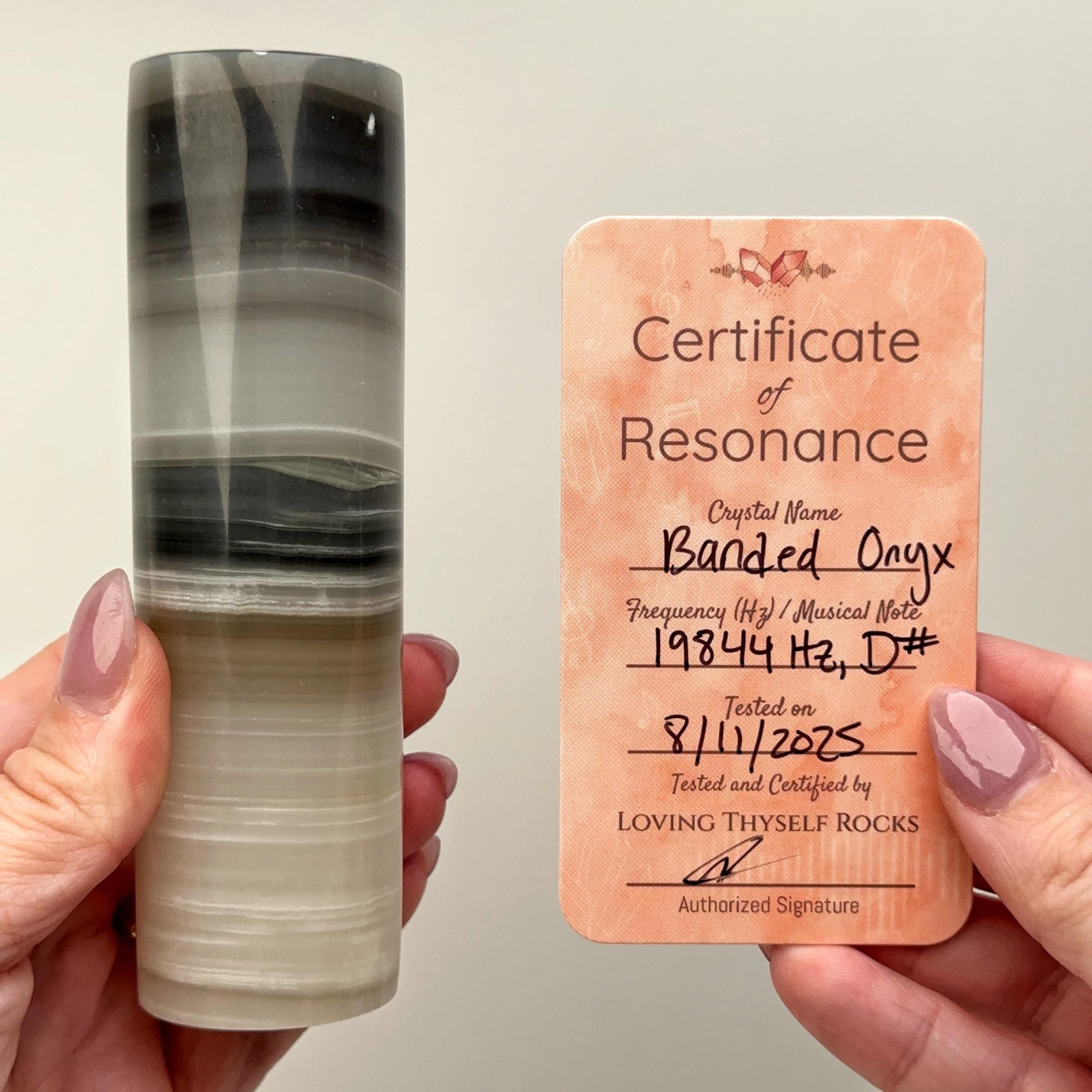 Frequency Tested - Banded Onyx Cylinder | 286g | - #3 (19844 Hz, D#, Grey Crystal Meditation Stone, Root Chakra)