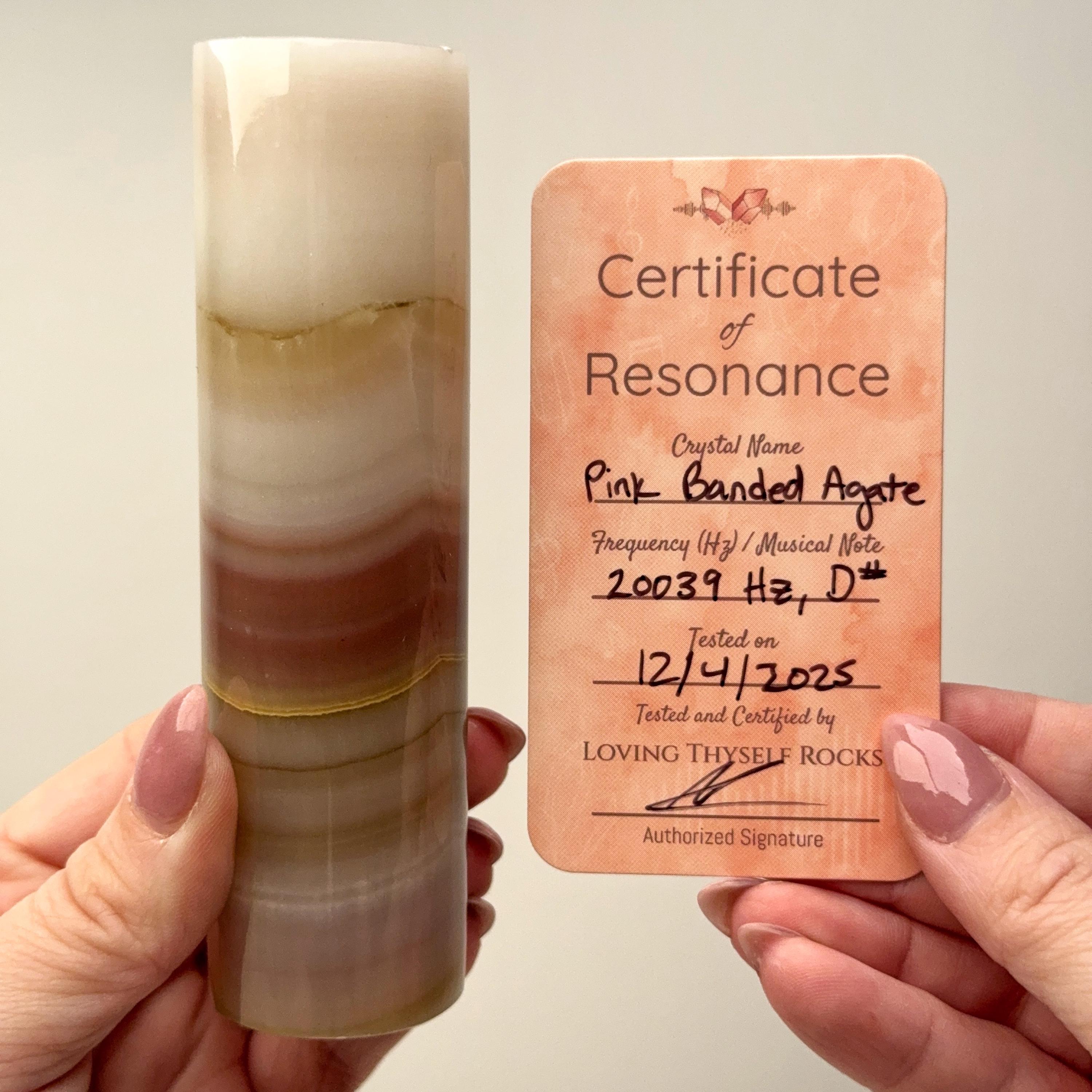 Frequency Tested - Pink Banded Onyx Cylinder | 272g | - #3 (20039 Hz, D#, Crystal Meditation Stone)
