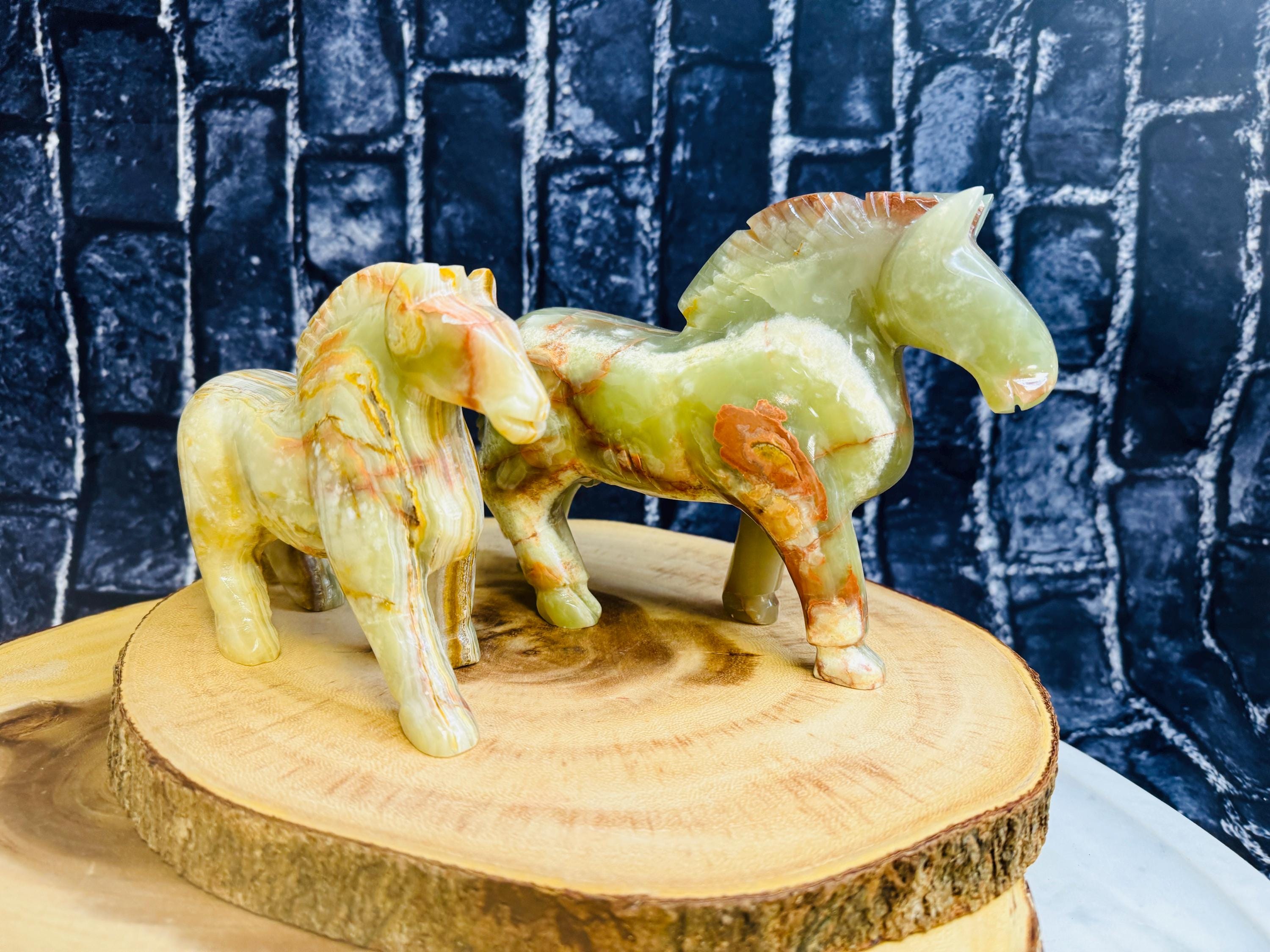 Green Onyx Horse Figurine, Standing Statuette, Healing Crystal, 6 & 8 Inch