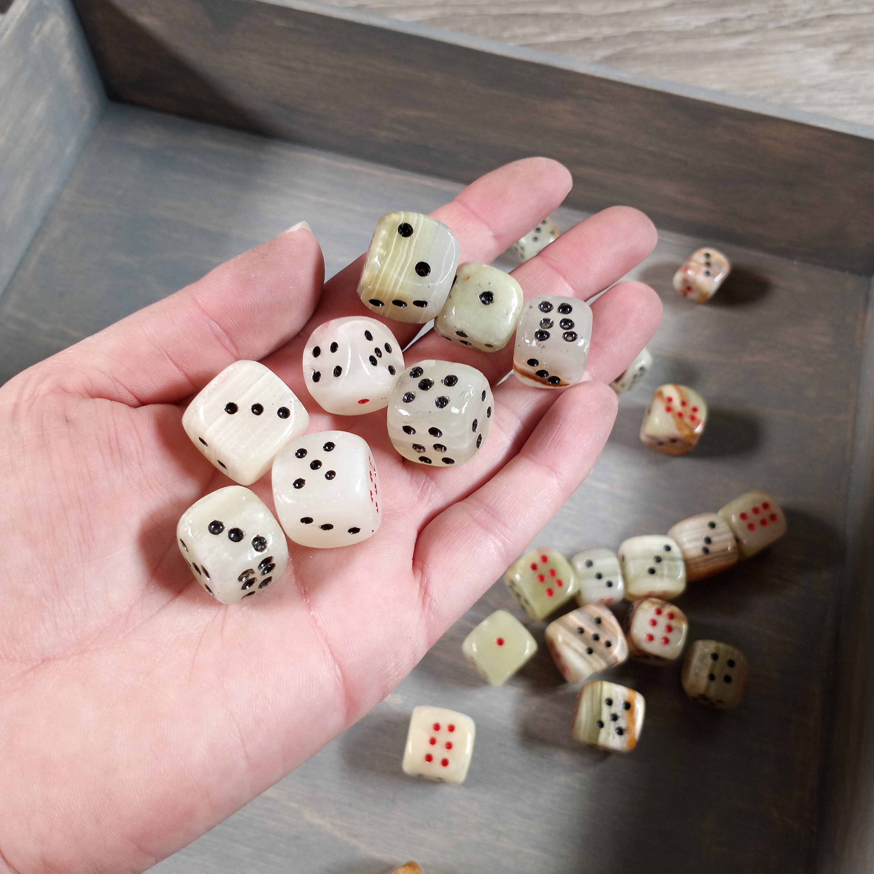 Hand Carved Onyx Dice, Hand Painted Black Red Dots (approx. 3/4")