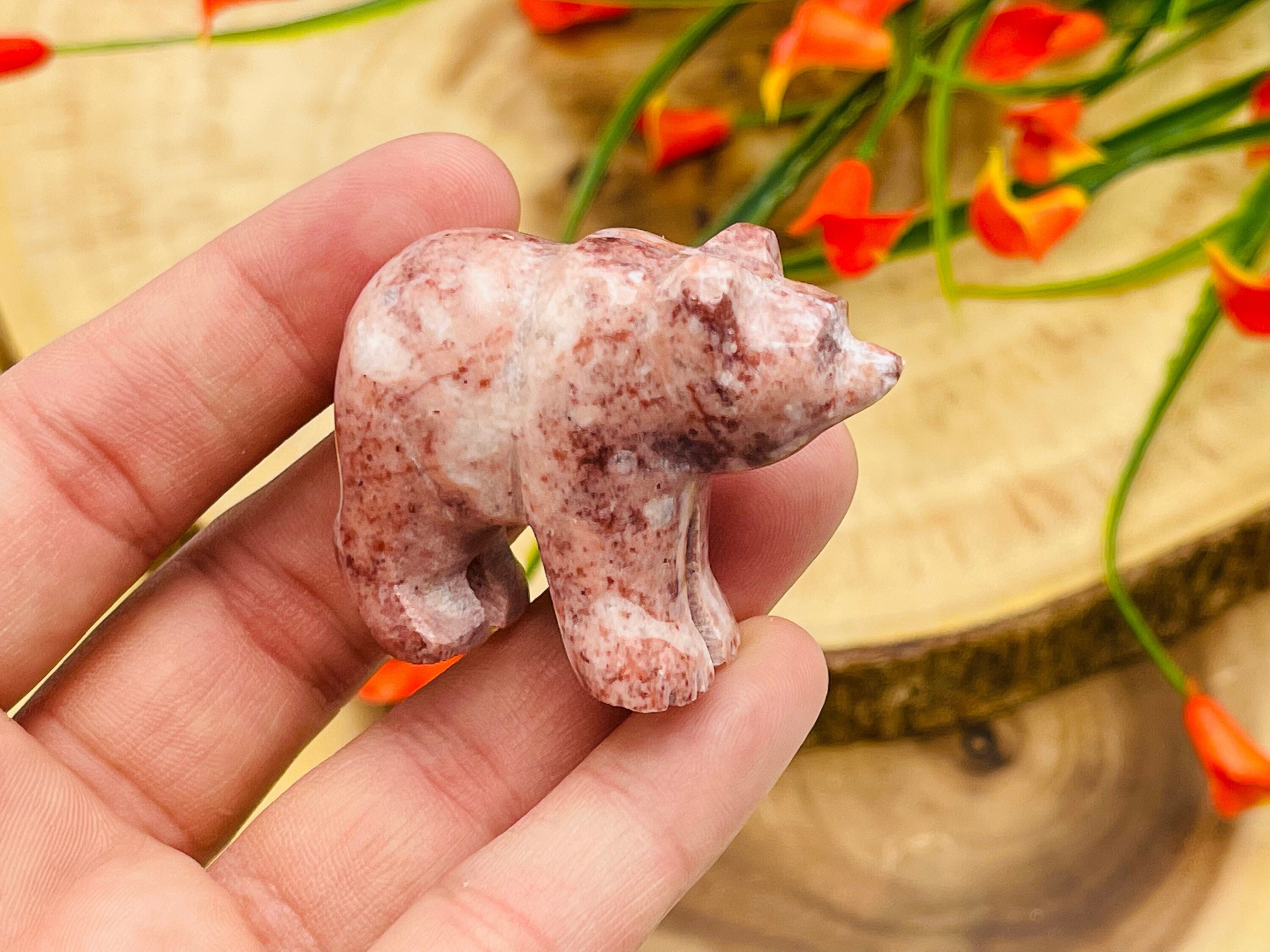 Strawberry Pink Onyx Bear Figurine, Healing Crystal Bear Carving, Standing Statuette