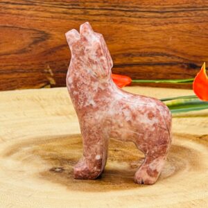Strawberry Pink Onyx Howling Wolf Figurine, Crystal Carving Standing Statuette, 3 inches