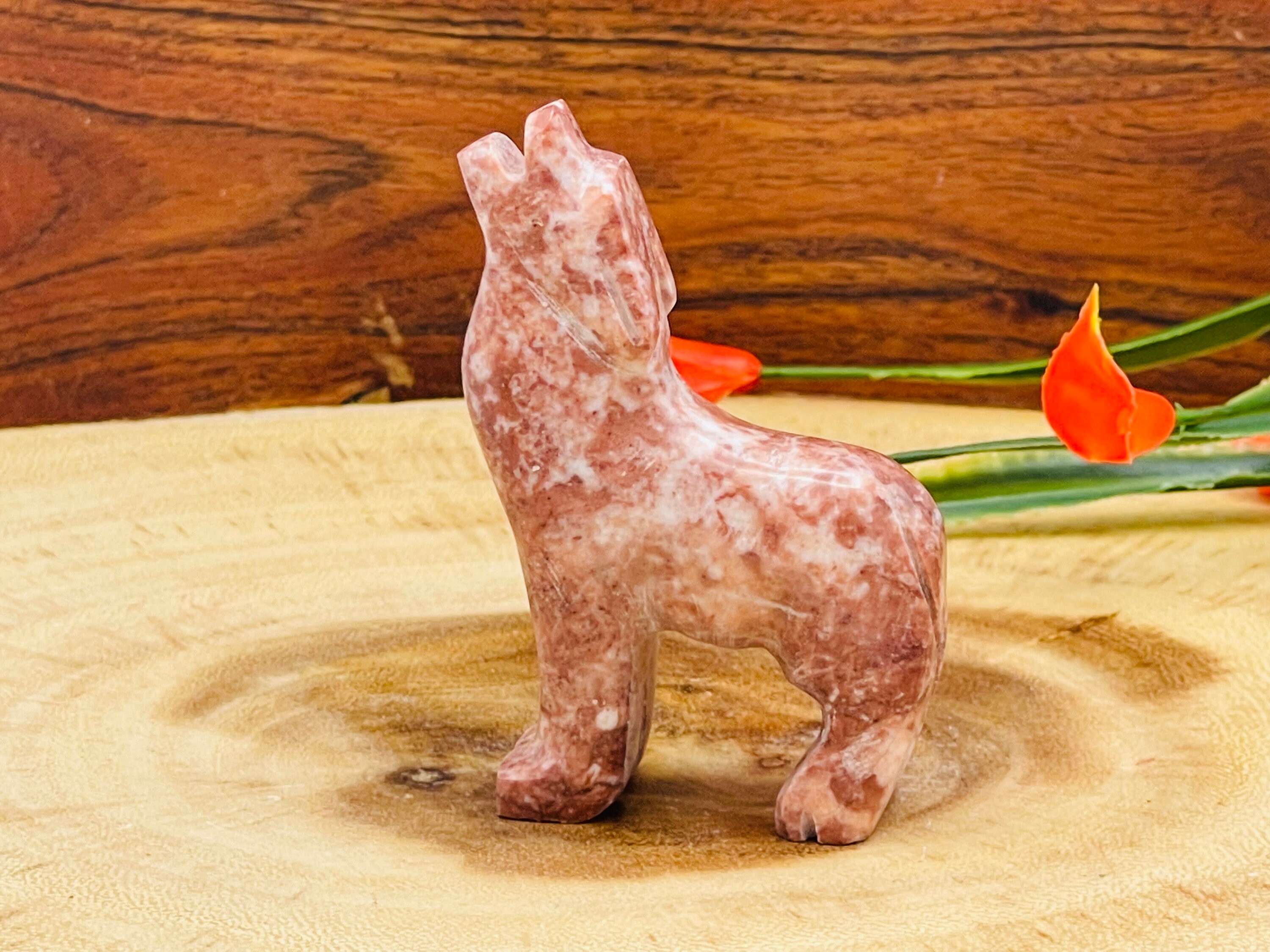Strawberry Pink Onyx Howling Wolf Figurine, Crystal Carving Standing Statuette, 3 Inches