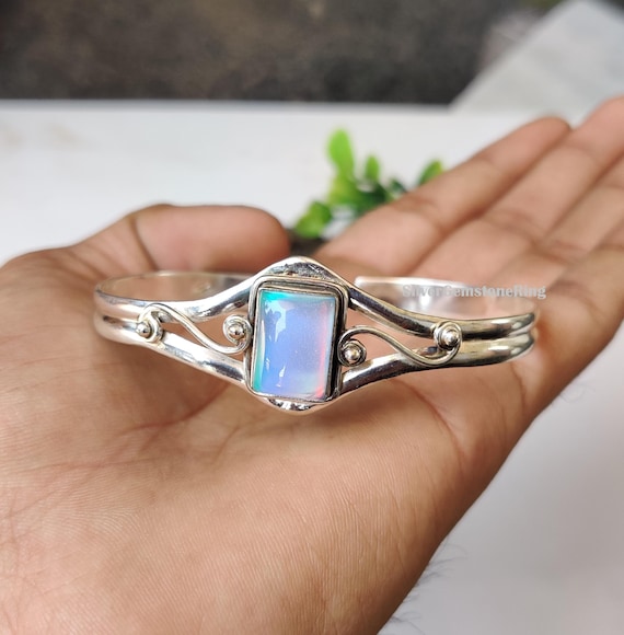 Aurora Opal Bangle: 925 Sterling Silver Boho Jewelry, Adjustable Jewelry