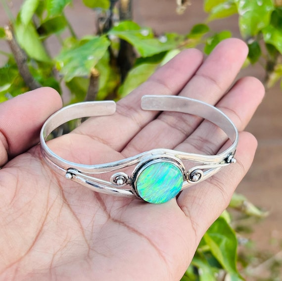 Aurora Opal Gemstone Bangle, Handmade Jewellery, 925 Sterling Silver, Promise Bangle