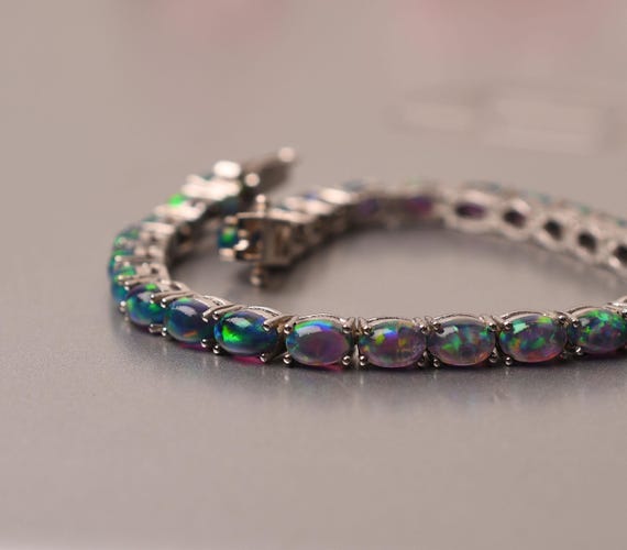 Black Opal Bracelet - Bridal Jewelry, Daughter Mother Gifts, Oval 6x4mm Tennis Bracelet, Anniversary Gift Black Opal Bracelet - Bridal Jewelry, Daughter Mother Gifts, Oval 6x4mm Tennis Bracelet, Anniversary Gift