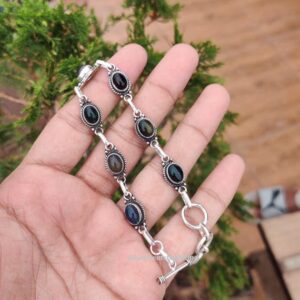 Black Fire Opal Bracelet: Dainty Jewelry 925 Sterling Silver Adjustable Bracelet