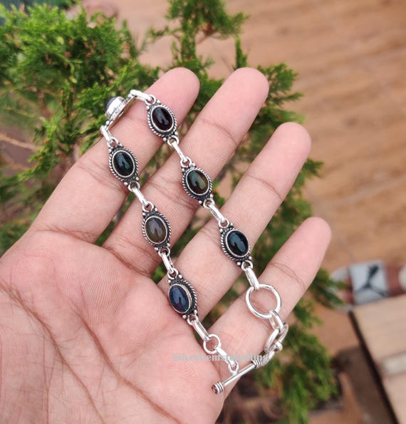 Black Fire Opal Bracelet: Dainty Jewelry 925 Sterling Silver Adjustable Bracelet