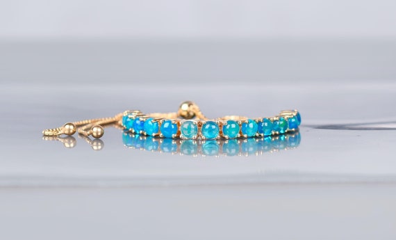 Blue Opal Bracelet, 4mm Sterling Silver Adjustable Chain