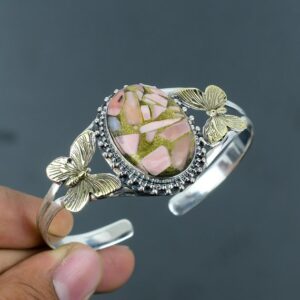 Copper Pink Opal Bangle: Sterling Silver 18K Gold Butterfly Cuff