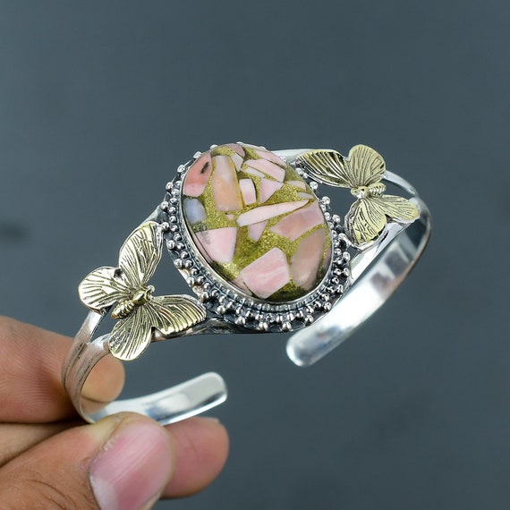 Copper Pink Opal Bangle: Sterling Silver 18k Gold Butterfly Cuff