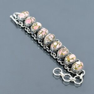 Copper Pink Opal Bracelet: Vintage 925 Sterling Silver Adjustable Chain