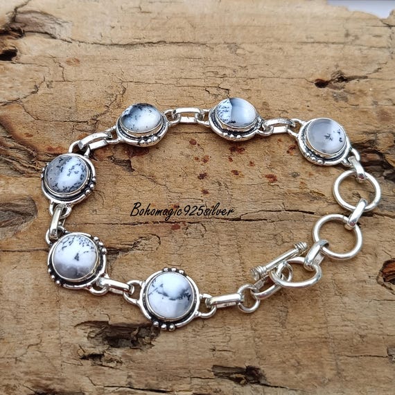 Dendritic Opal Sterling Silver Bracelet: Handmade Adjustable Charm