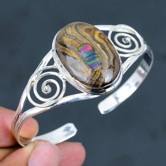 Ethiopian Opal Boulder Cuff Bracelet: Handmade 925 Sterling Silver Bangle