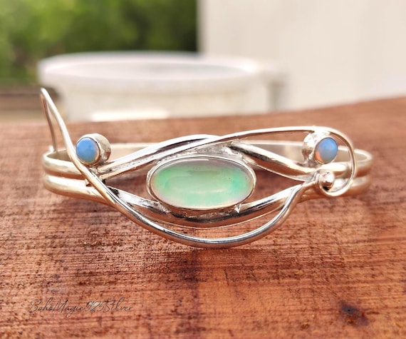 Handmade Aurora Opal Bracelet: 925 Sterling Silver Adjustable Bangle