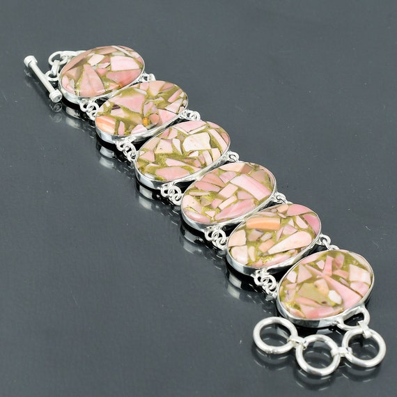 Handmade Copper Pink Opal Bracelet: 925 Sterling Silver Adjustable Chain