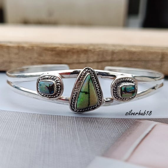 Handmade Monarch Opal Sterling Silver Bangle: Boho Gemstone Cuff Handmade Monarch Opal Sterling Silver Bangle: Boho Gemstone Cuff