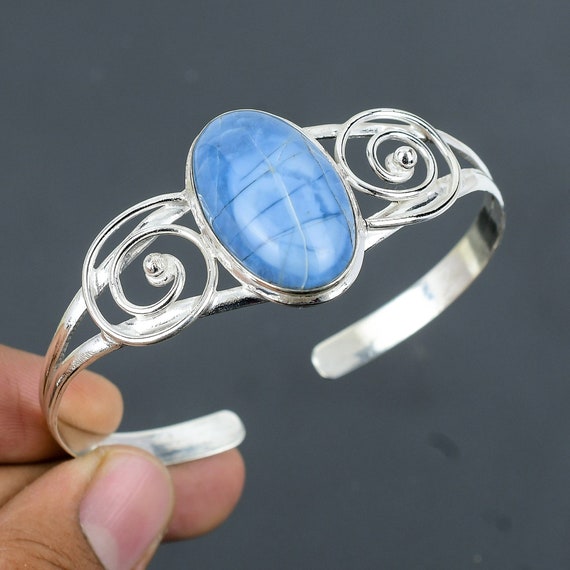 Handmade Owyhee Blue Opal Cuff Bracelet: 925 Sterling Silver Adjustable Bangle