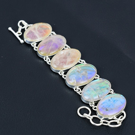 Handmade Rainbow Mystic Opal Bracelet: 925 Sterling Silver Adjustable Chain