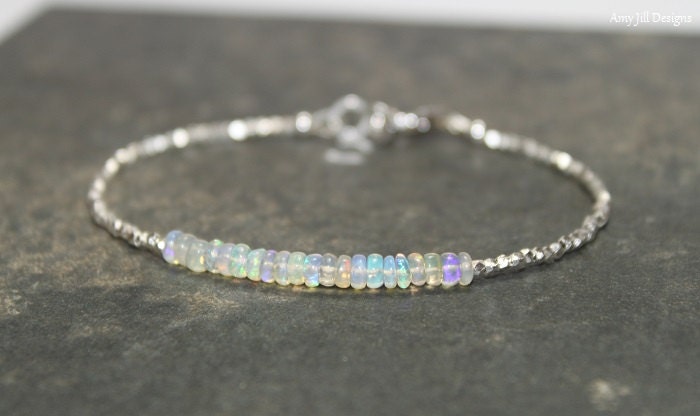 Opal Bracelet, Hill Tribe Silver Beads, Fine Silver, Welo Opal Jewelry, Layering, Minimalist, October Birthstone