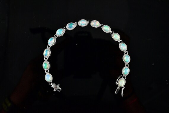 Natural Ethiopian Opal Sterling Silver Tennis Bracelet, October Birthstone
