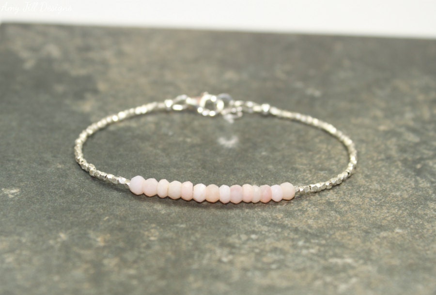 Pink Opal Bracelet, Hill Tribe Silver Beads, Fine Silver, Pink Opal Jewelry, Layering, Minimalist, October Birthstone