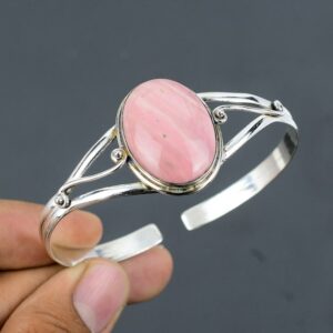 Pink Opal Sterling Silver Cuff Bracelet: Handmade Adjustable Bangle