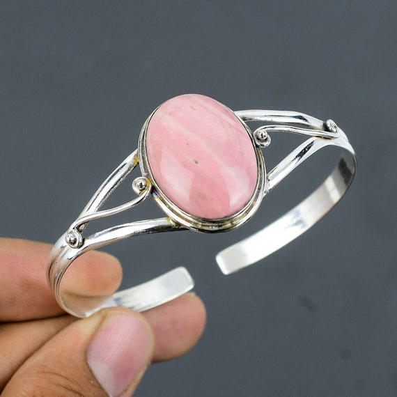 Pink Opal Sterling Silver Cuff Bracelet: Handmade Adjustable Bangle