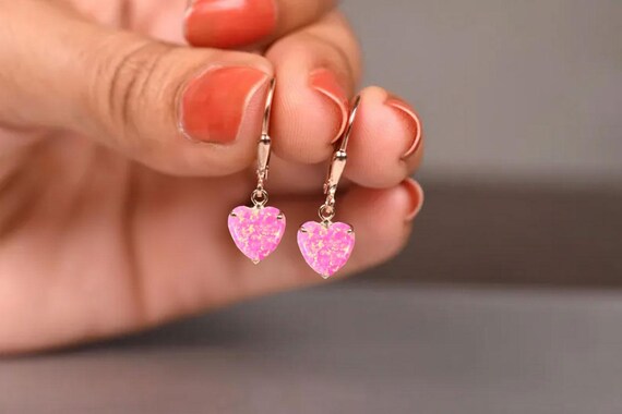 14k Gold Pink Opal Heart Earrings: Sterling Silver Dangle Leverback