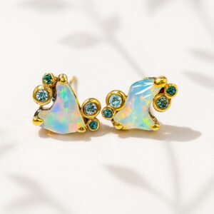 925 raw opal stud earrings, dainty rough crystal gemstone handmade silver organic jewelry
