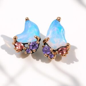 925 silver raw opal stud earrings, October birthstone blue gemstone statement artisan jewelry
