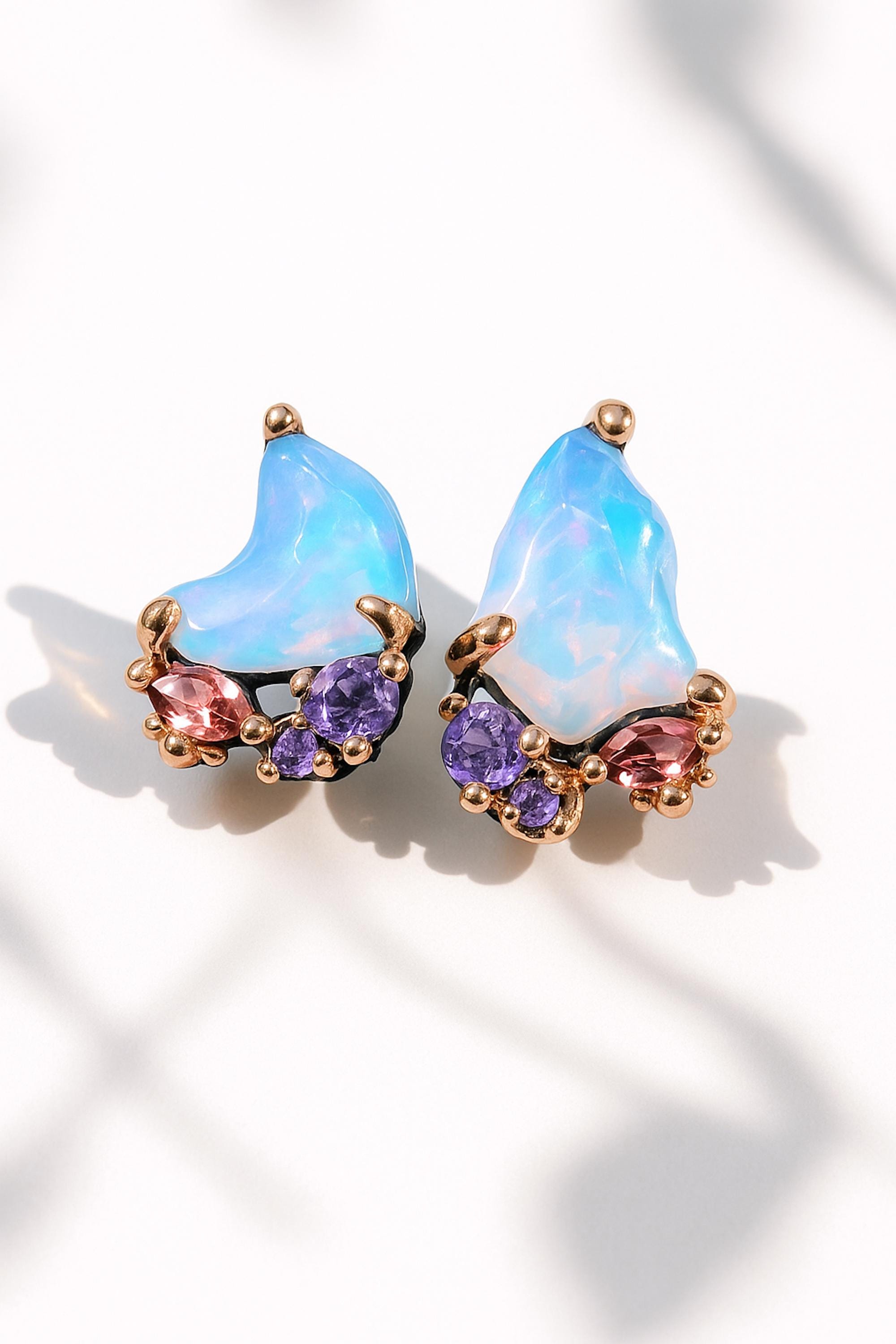 925 Silver Raw Opal Stud Earrings, October Birthstone Blue Gemstone Statement Artisan Jewelry
