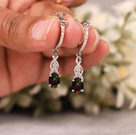 Black Opal Dangle Earrings – Art Deco Oval Earing, Bridal Jewelry, Birthstone Earrings, Birthday Gifts