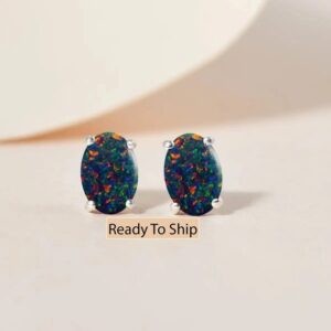 Black Opal Stud Earrings, Oval Cut, Sterling Silver Or Gold