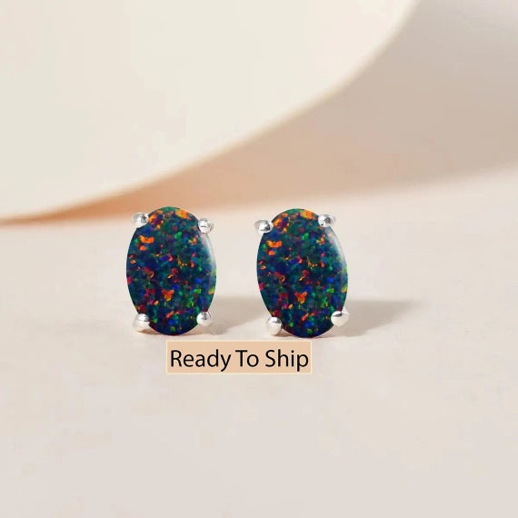 Black Opal Stud Earrings, Oval Cut, Sterling Silver Or Gold