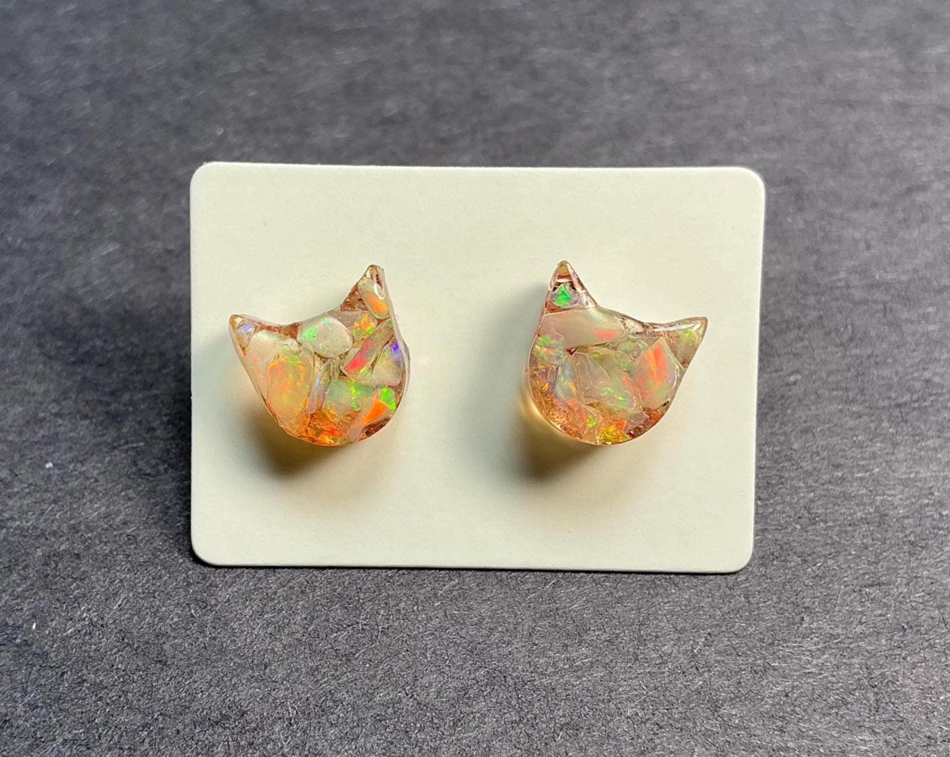 Cat Head Earrings With Raw Opals, Resin Studs