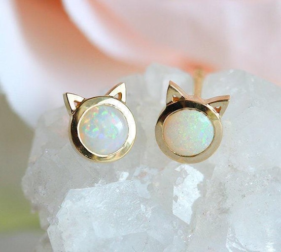 Opal Earrings • Cat Studs • Gold Earrings • Dainty Earrings • Cute Earrings • Girls Jewelry • Gift For Her