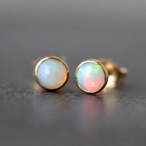 Ethiopian Opal Stud Earrings in 14k Gold, Rose Cut Opal Ear Studs, October Birthstone Gift, Genuine Natural White Opal Earrings