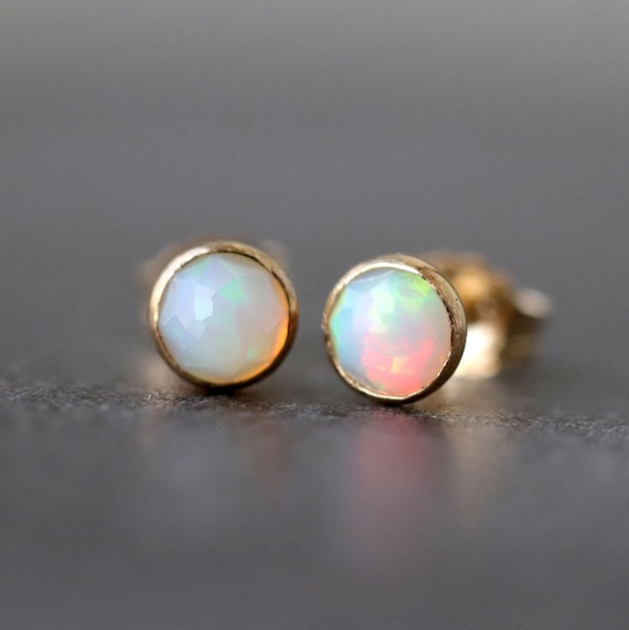 Ethiopian Opal Stud Earrings In 14k Gold, Rose Cut Opal Ear Studs, October Birthstone Gift, Genuine Natural White Opal Earrings