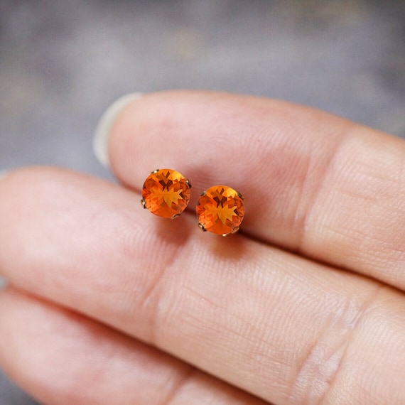 Fire Opal Stud Earrings, Minimalist Round Cut, Sterling Silver